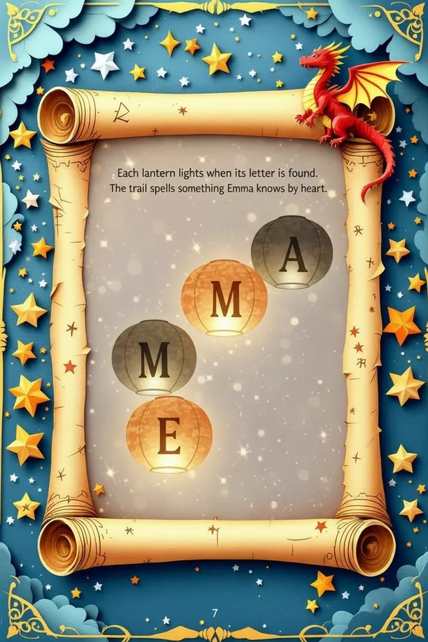 A real Quibbo page: lanterns that light up with the letters of Emma’s name
