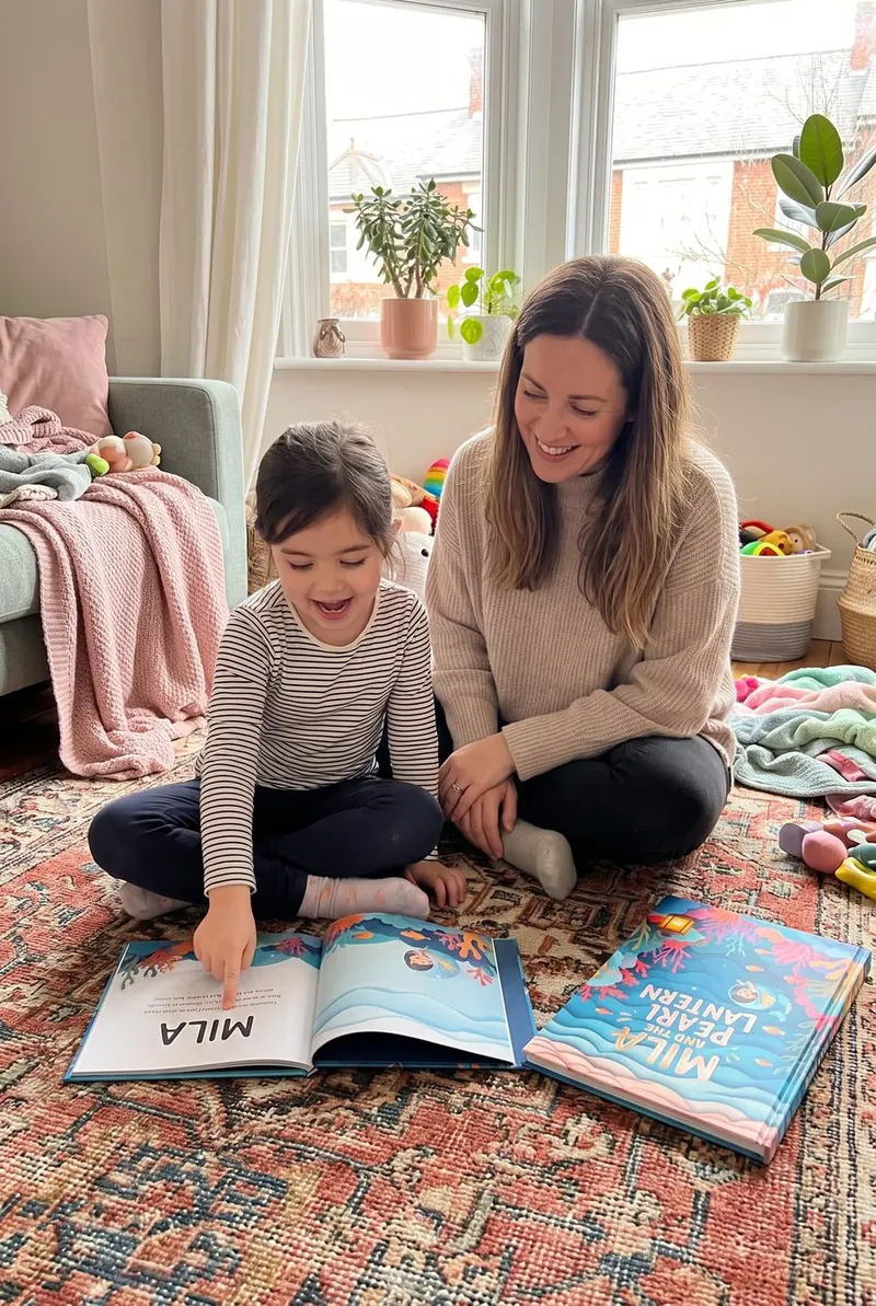 A Quibbo book open on the rug